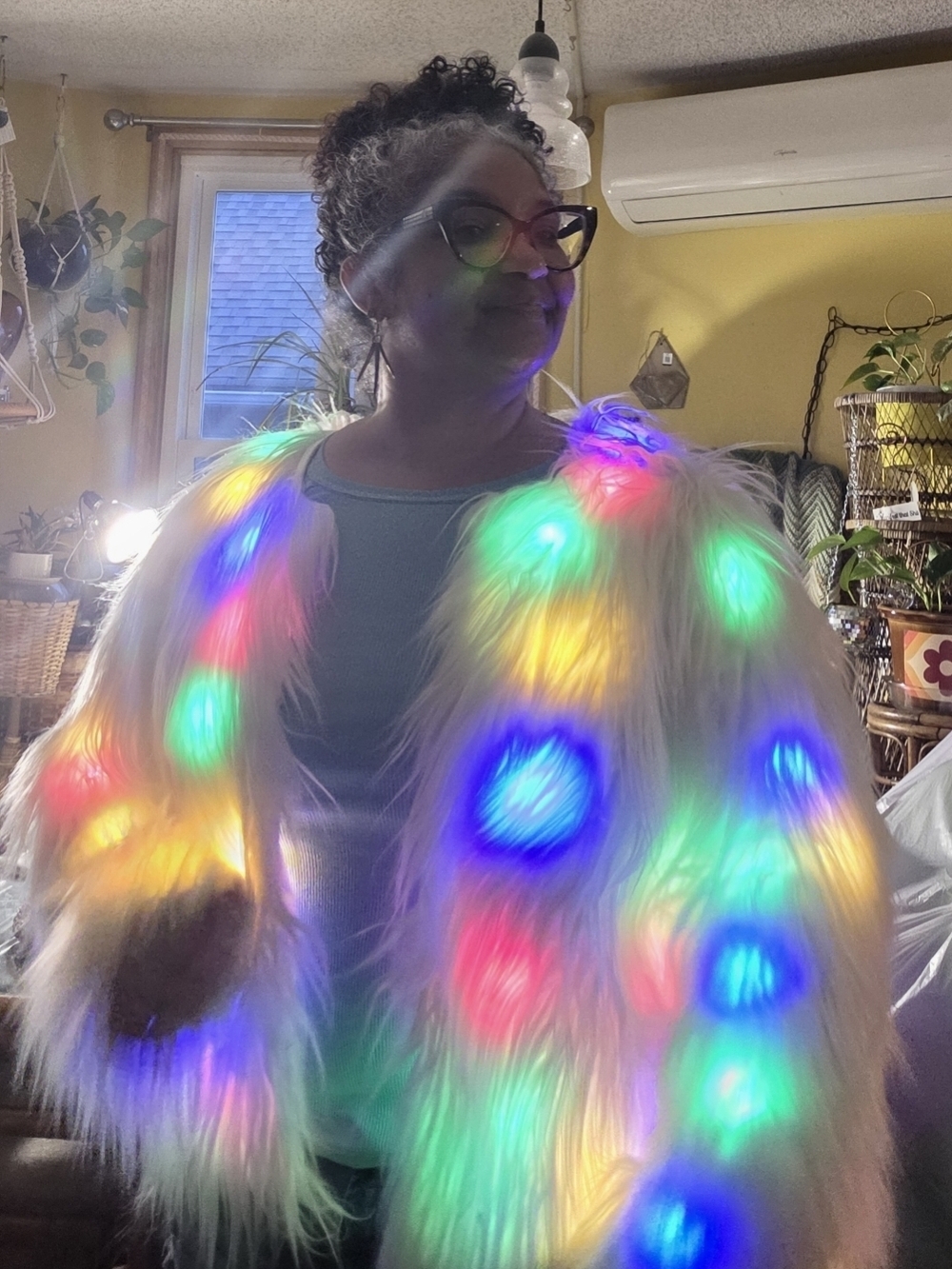Light-Up Faux Fur Statement Jacket in White with Rainbow LEDs